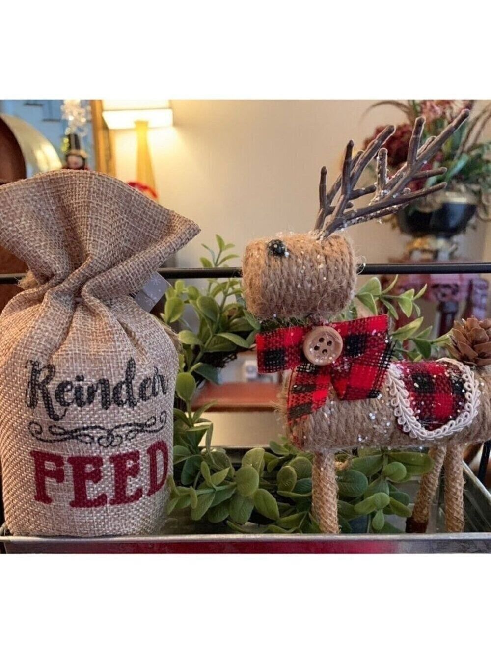 Christmas Reindeer Feed Sack Buffalo Check Set Rustic Farmhouse Holiday Decor